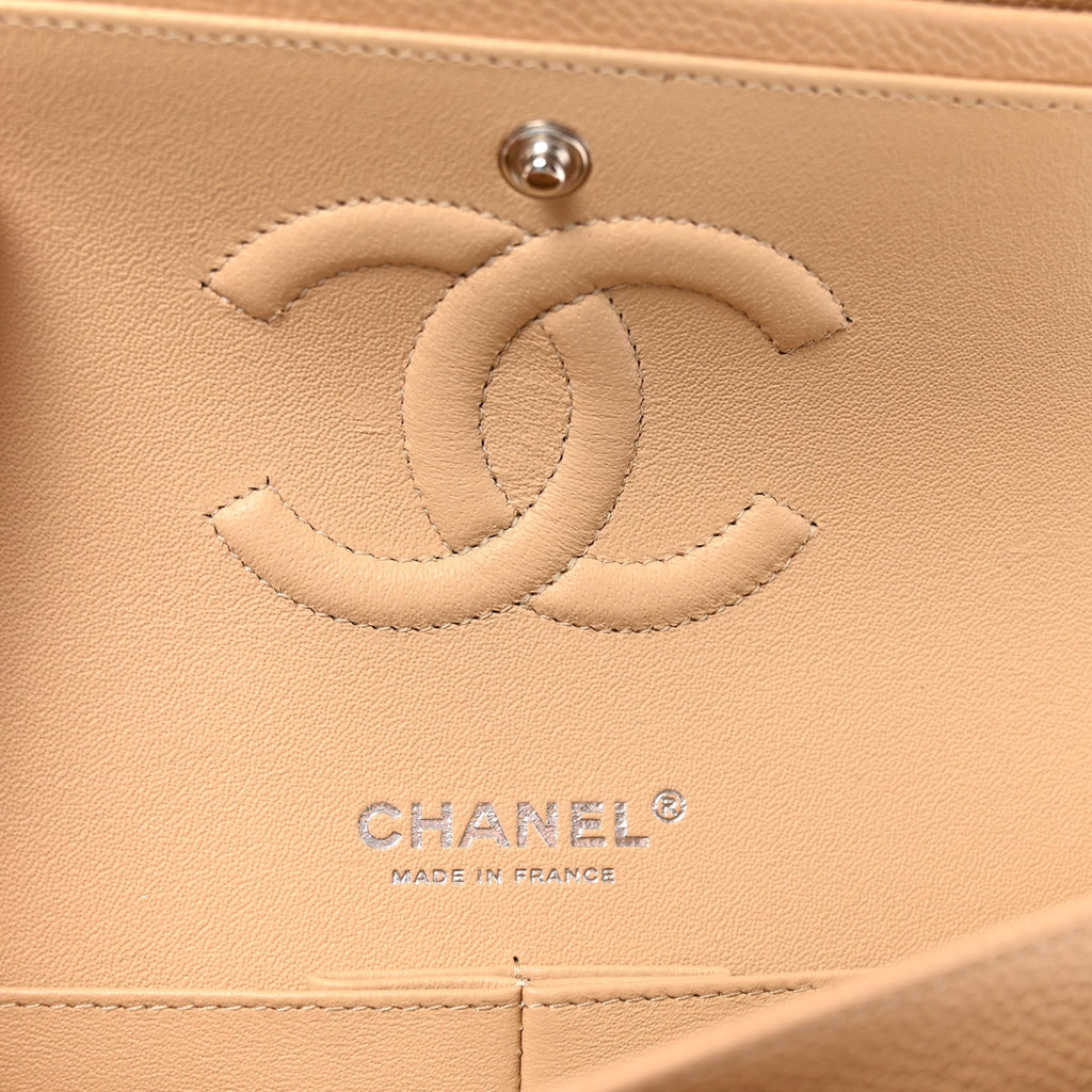 Caviar Quilted Medium Double Flap Beige