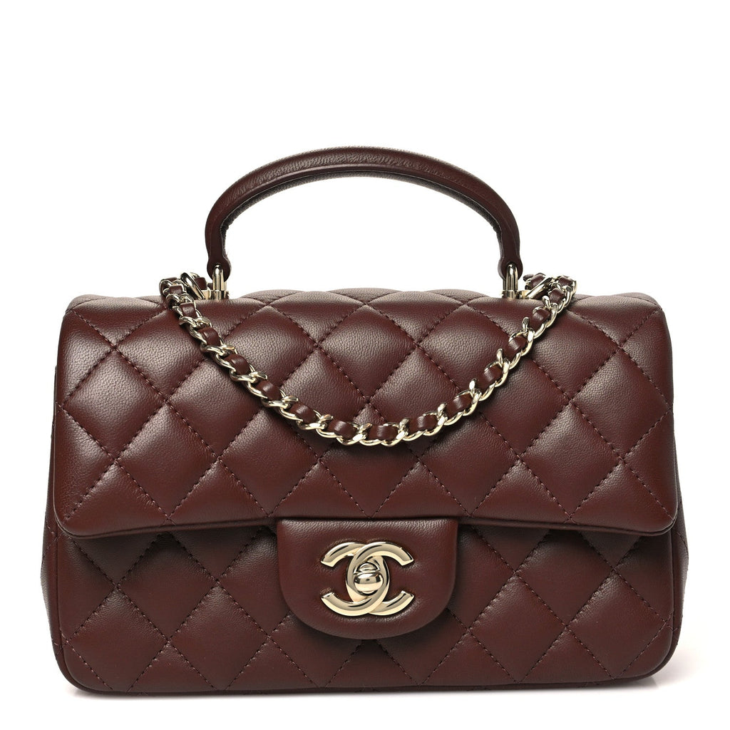 Lambskin Quilted Mini Top Handle Rectangular Flap Dark Brown