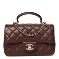 Lambskin Quilted Mini Top Handle Rectangular Flap Dark Brown