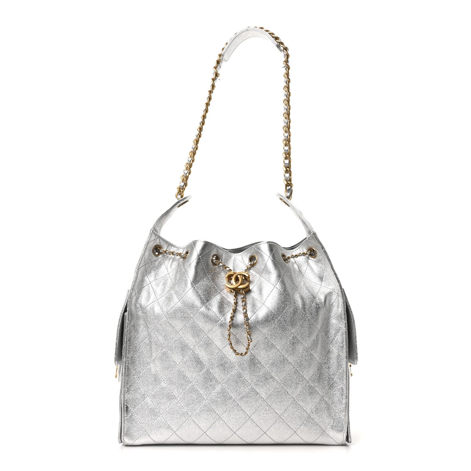 Metallic Caviar Quilted Medium Chanel 25 Handbag Silver