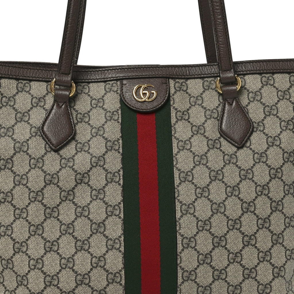 GG Supreme Monogram Textured Calfskin Web Medium Ophidia Shopping Tote Beige Ebony New Acero