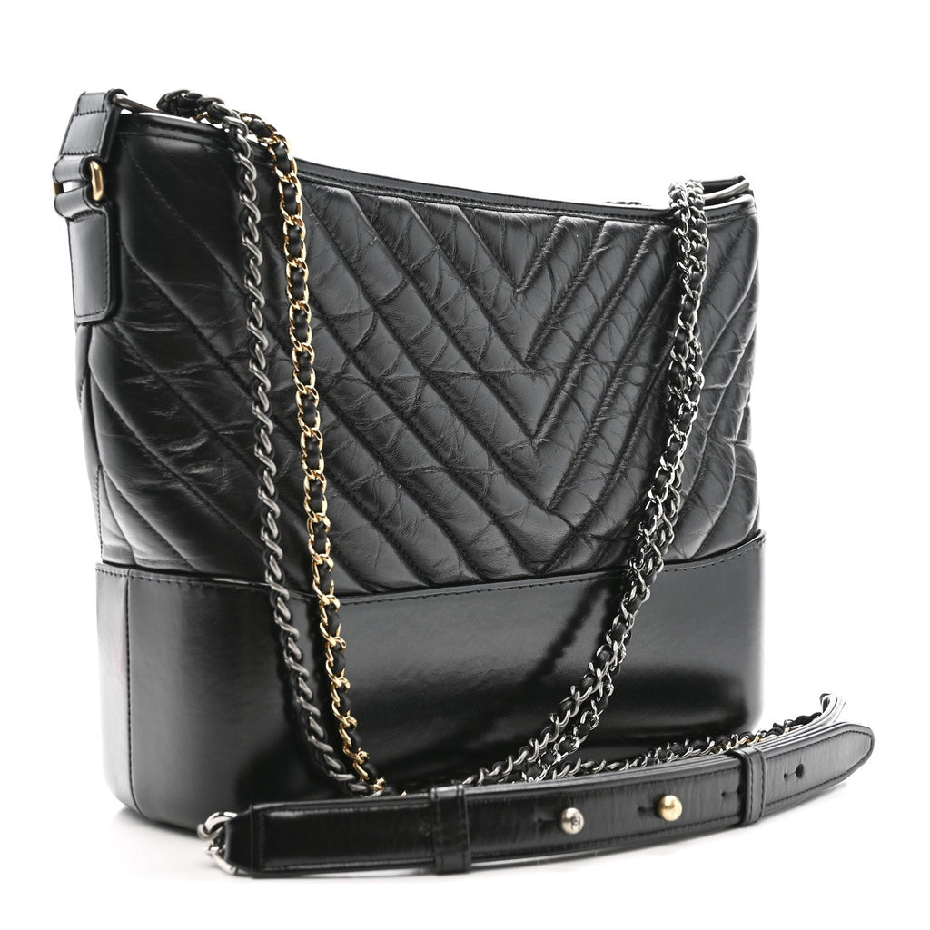 Aged Calfskin Chevron Quilted Medium Gabrielle Hobo Black