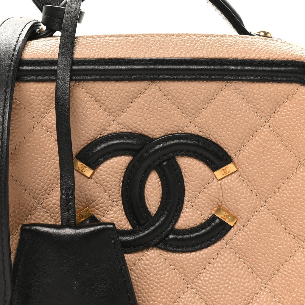 Caviar Quilted Small CC Filigree Vanity Case Beige Black