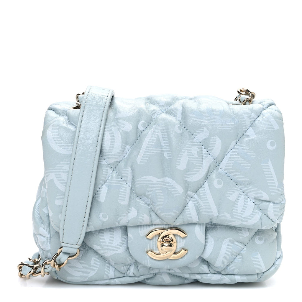 Lambskin Quilted Printed CC Mini Square Flap Light Blue