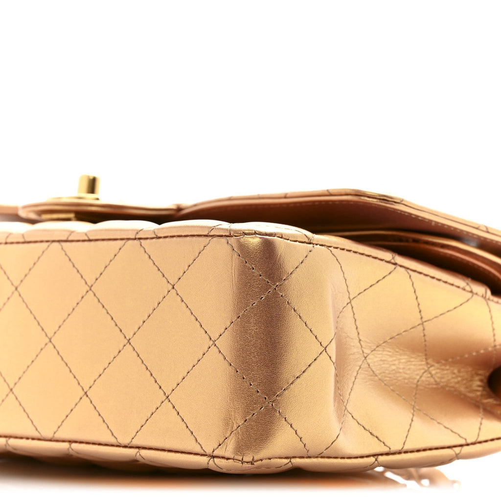 Metallic Lambskin Quilted Medium Double Flap Golden