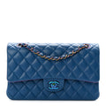Lambskin Quilted Medium Double Flap Blue Pink
