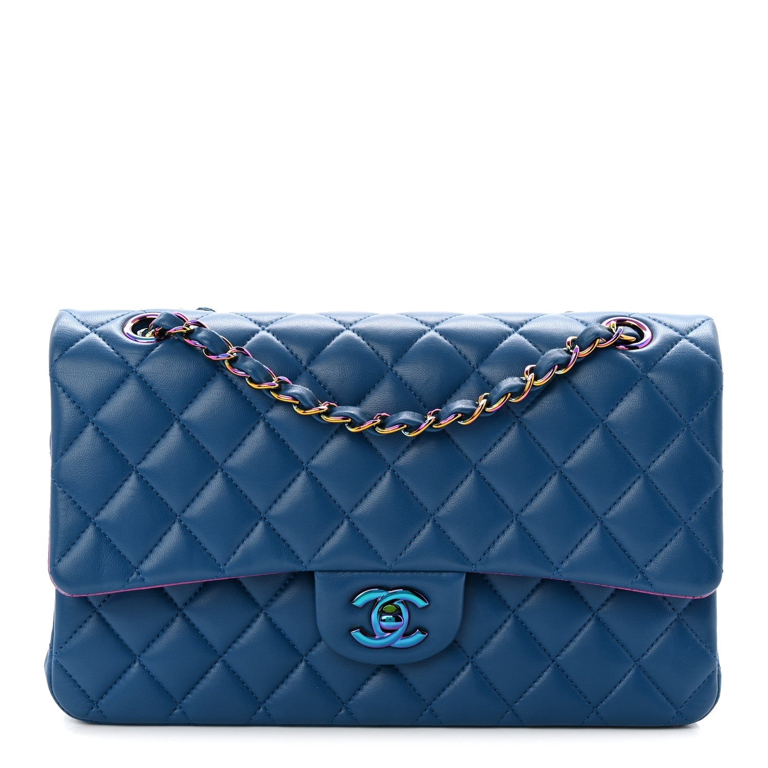 Lambskin Quilted Medium Double Flap Blue Pink