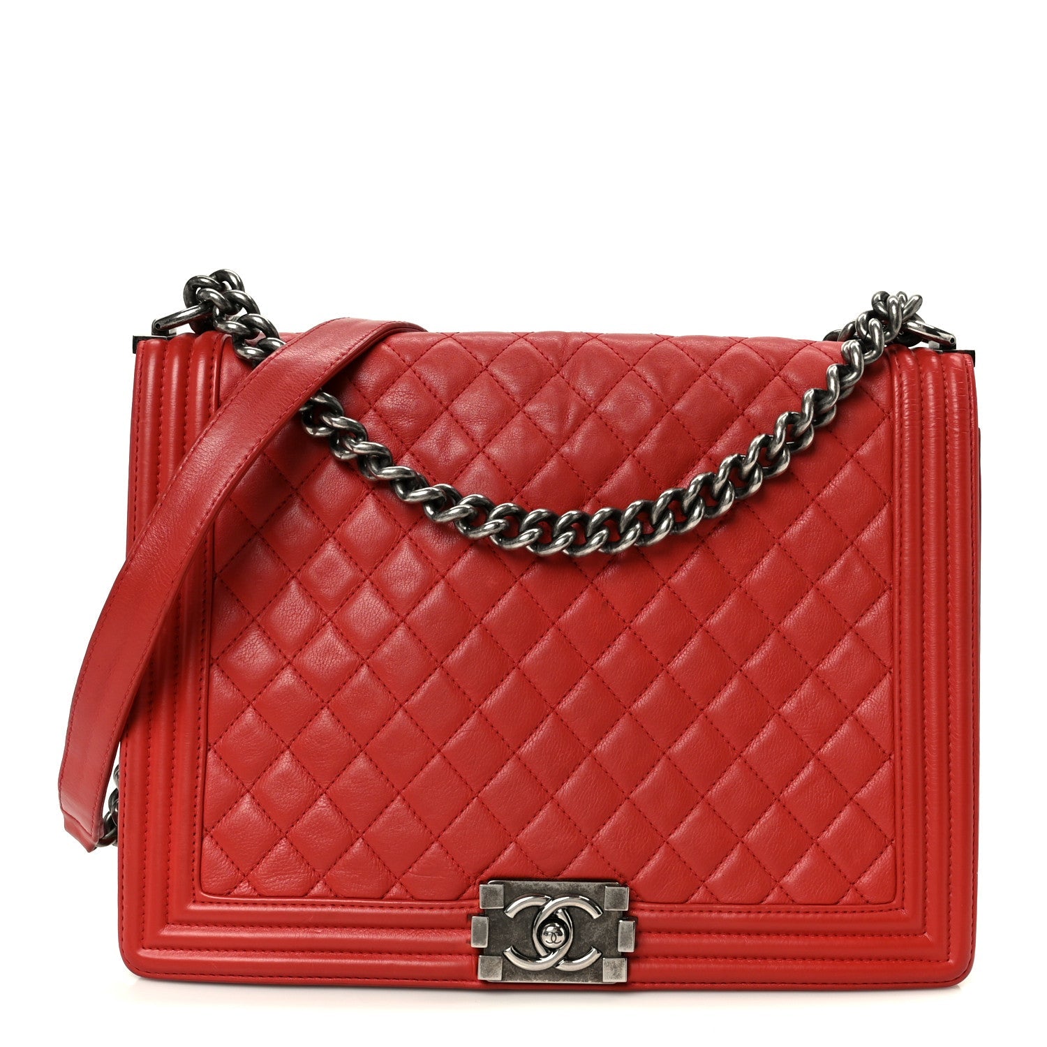 Calfskin Quilted Large Boy Flap Red