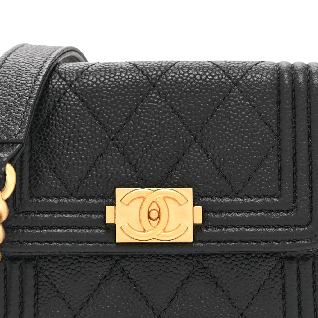 Caviar Quilted Boy Card Holder On Chain Black