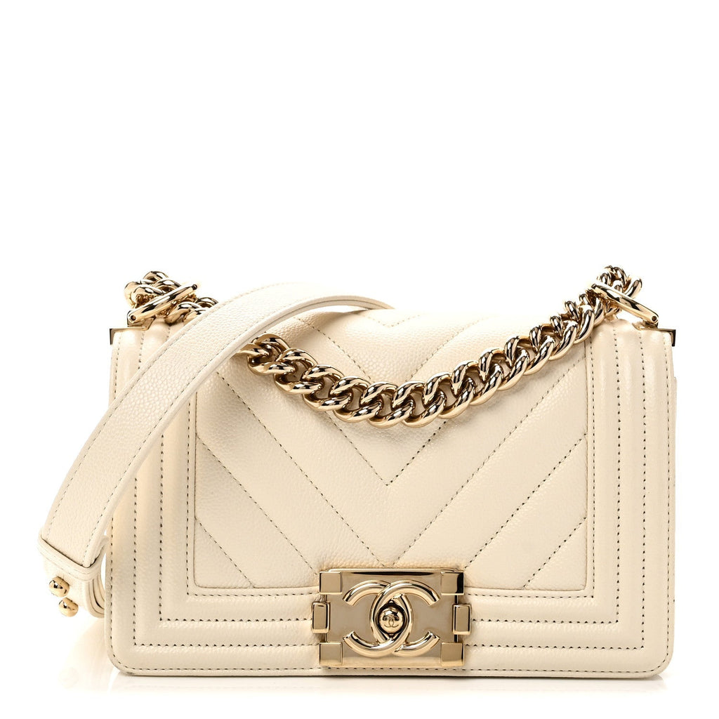 Caviar Chevron Quilted Small Boy Flap White