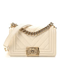 Caviar Chevron Quilted Small Boy Flap White