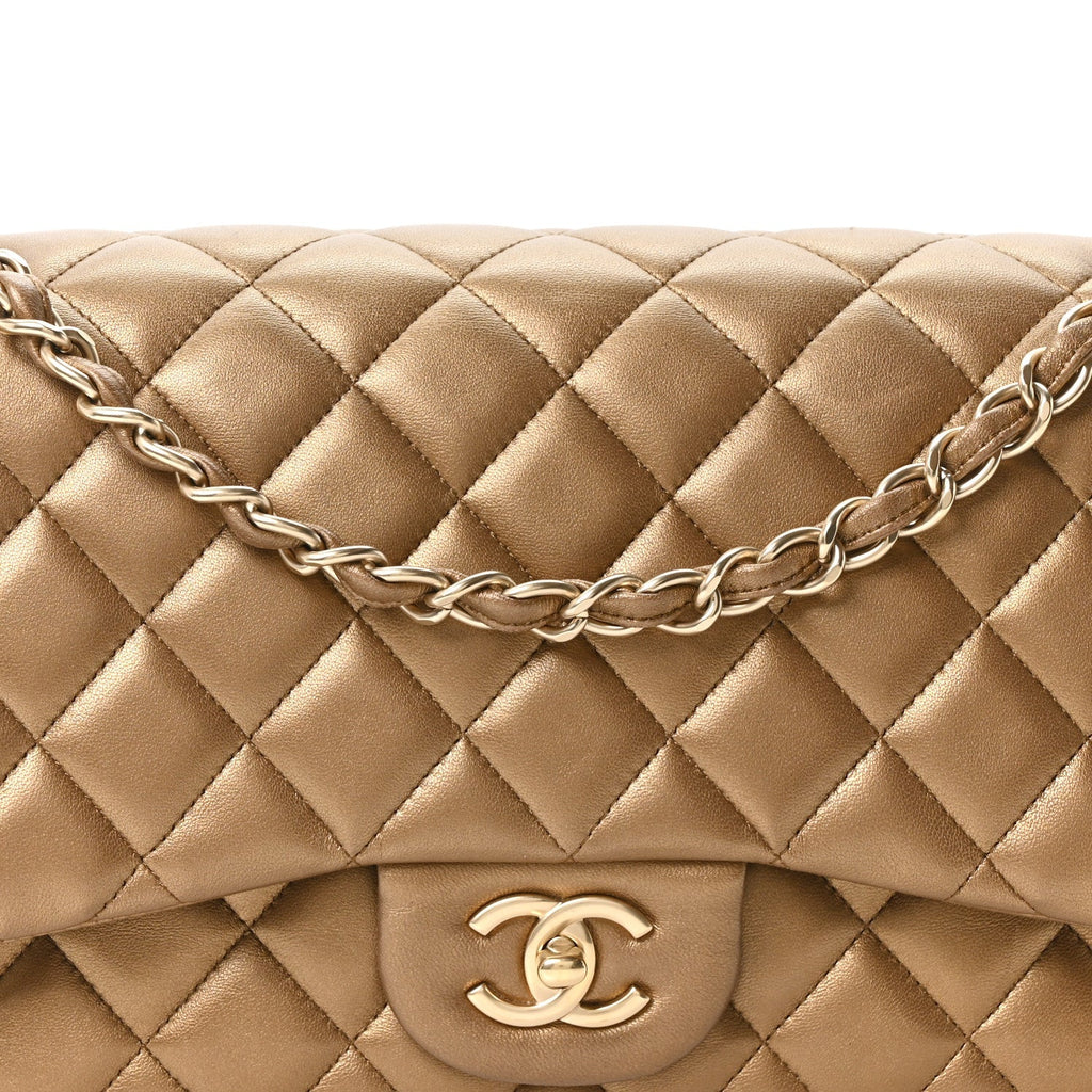Metallic Lambskin Quilted Jumbo Double Flap Khaki