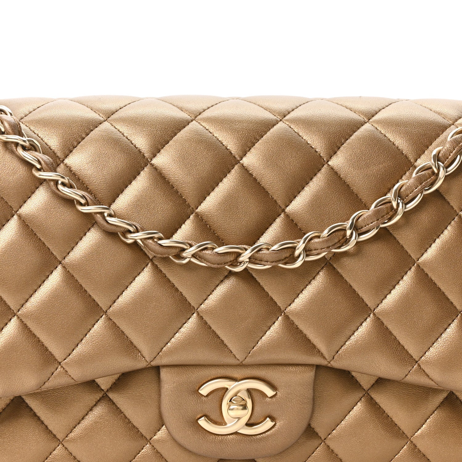 Metallic Lambskin Quilted Jumbo Double Flap Khaki