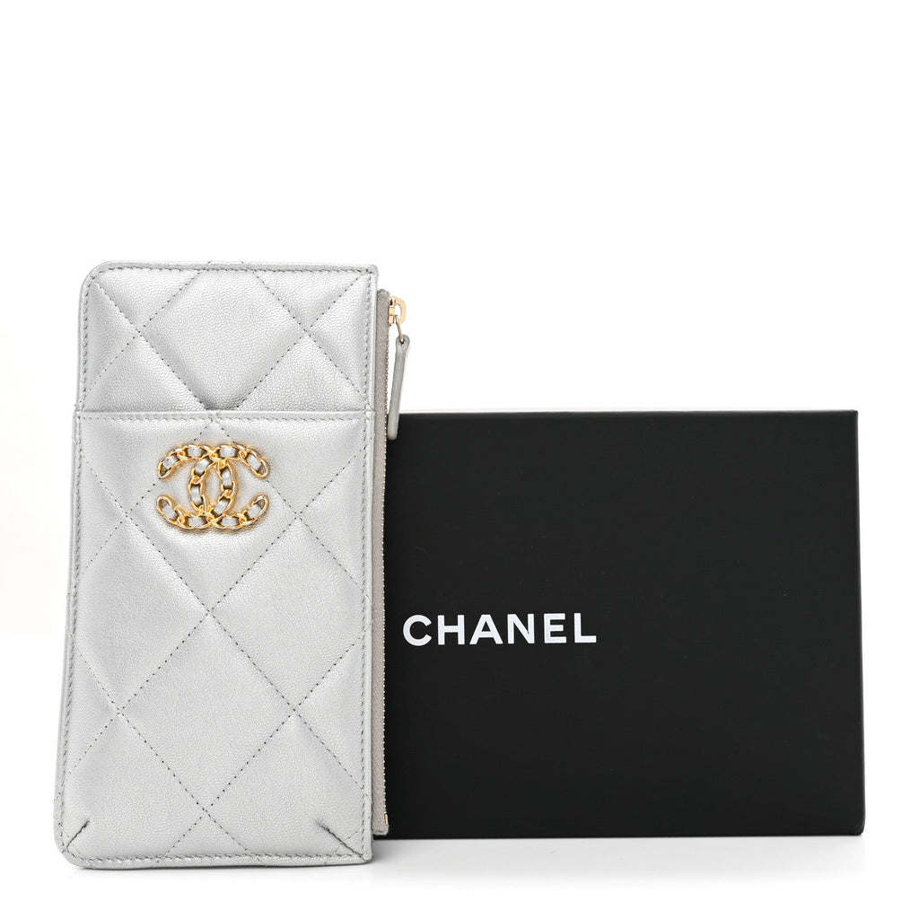 Lambskin Quilted Chanel 19 Phone and Card Holder Silver