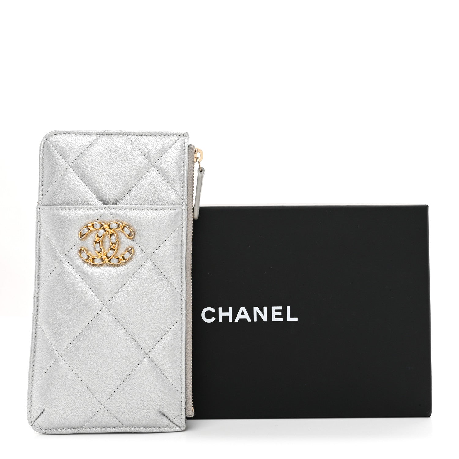 Lambskin Quilted Chanel 19 Phone and Card Holder Silver