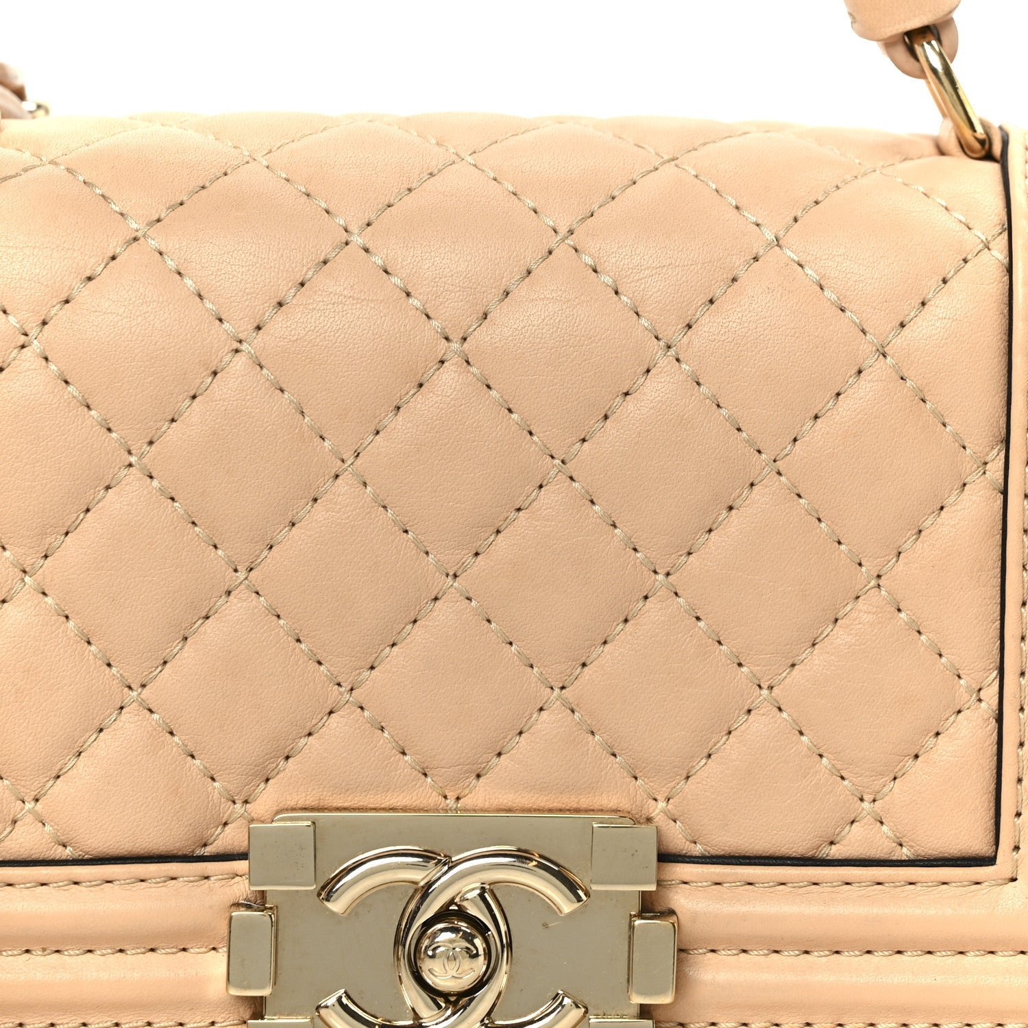 Calfskin Quilted Small Boy Top Handle Flap Beige Clair