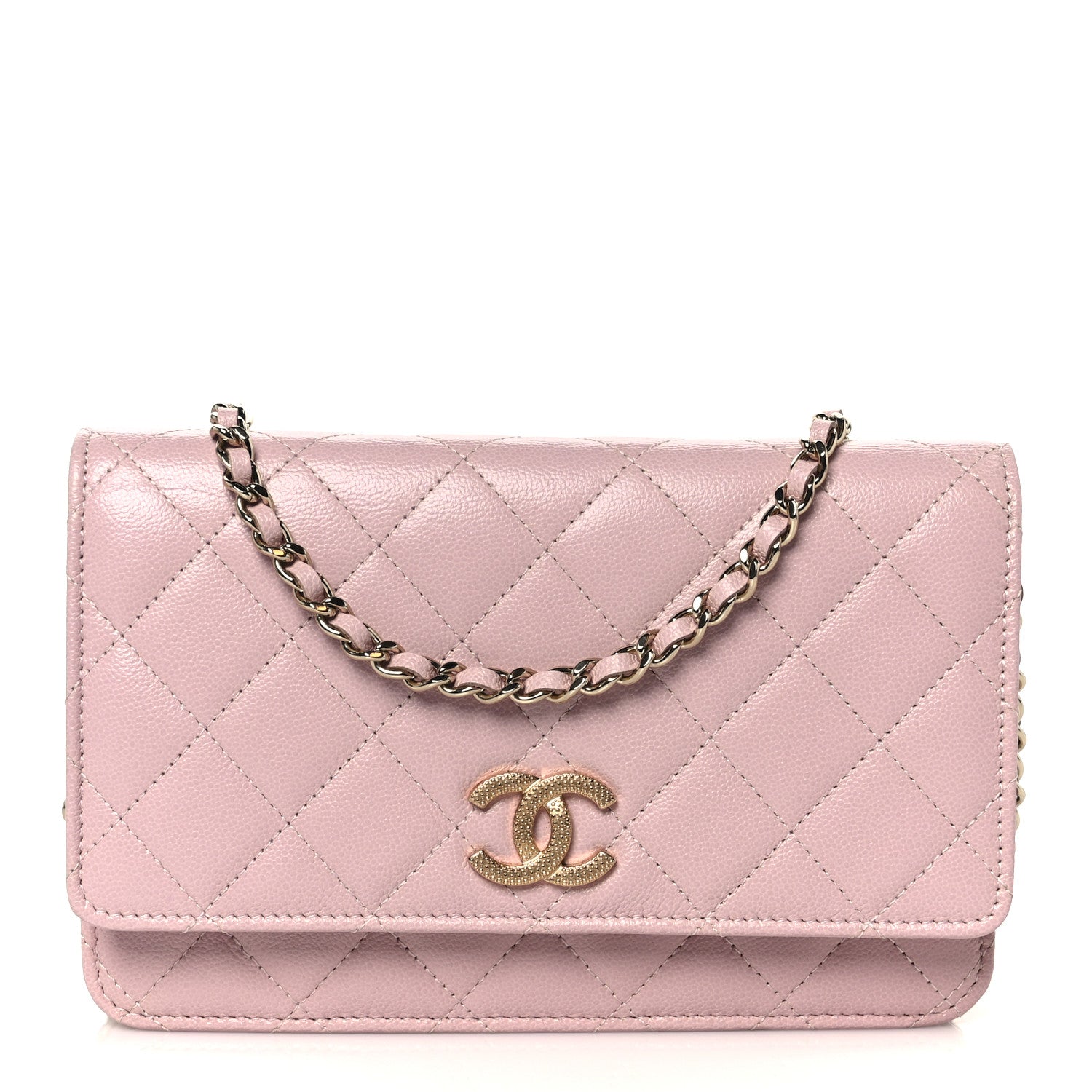 Caviar Quilted Studded CC Wallet on Chain WOC Light Pink