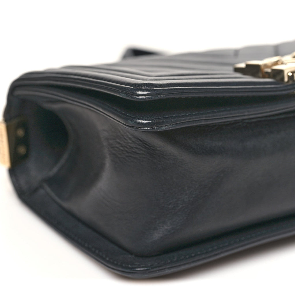Calfskin Chevron Quilted Small Boy Flap Black