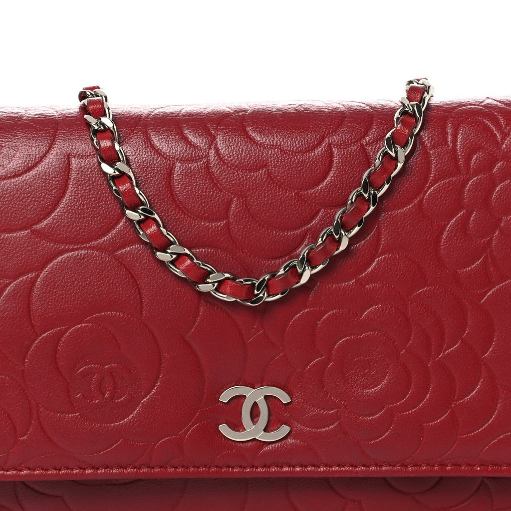 Lambskin Camellia Embossed Wallet on Chain WOC Red