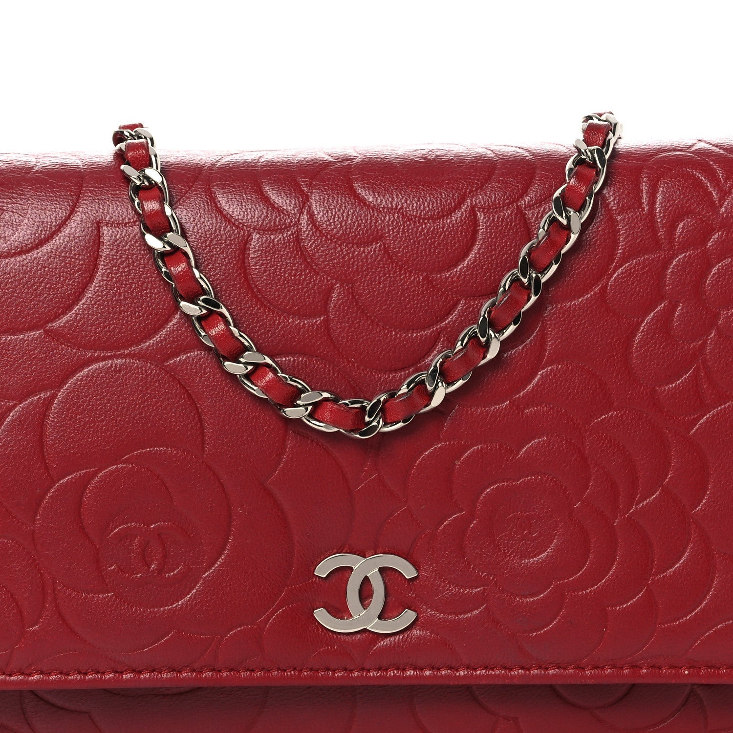 Lambskin Camellia Embossed Wallet on Chain WOC Red