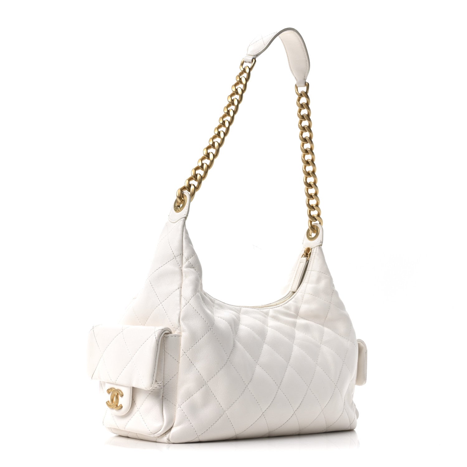 Shiny Lambskin Quilted Trendy Pockets Hobo White