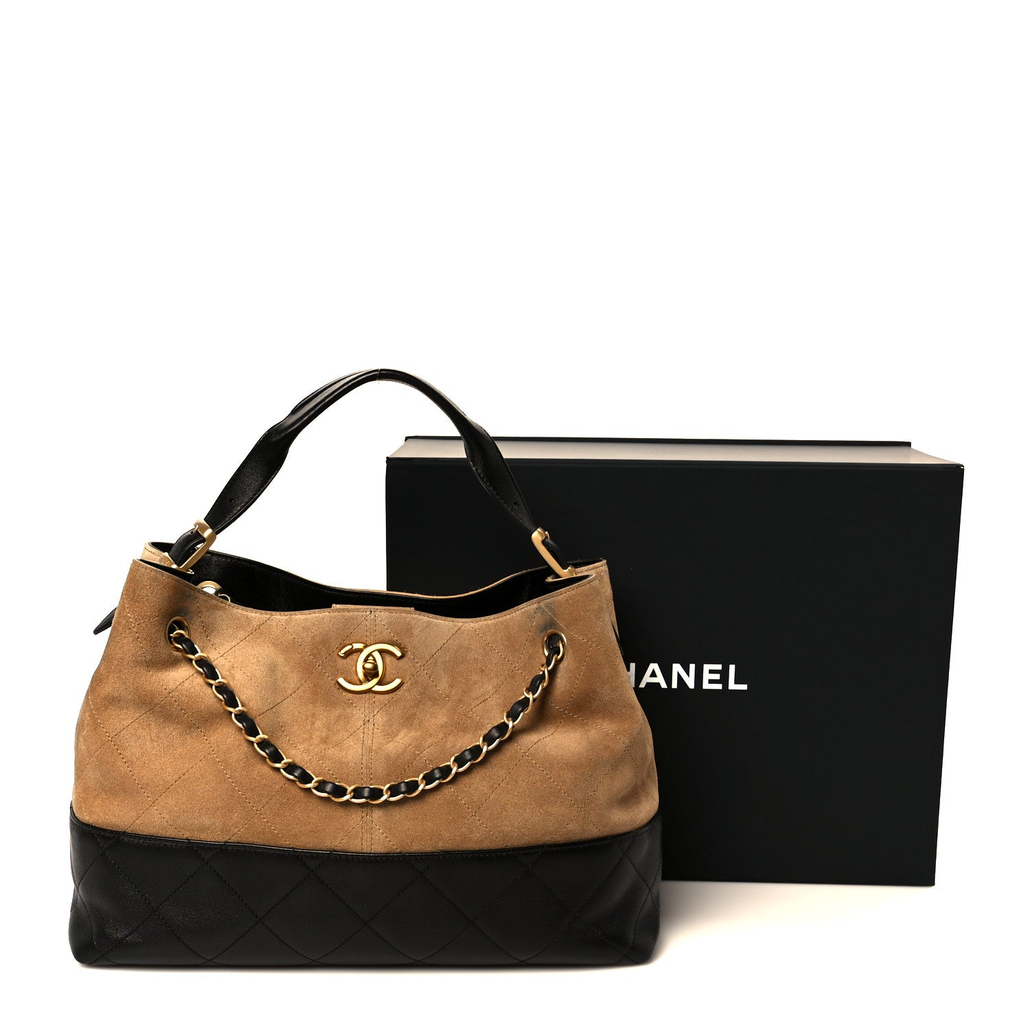 Suede Calfskin Shiny Lambskin Quilted Small Coco Base Shopping Bag Beige Black