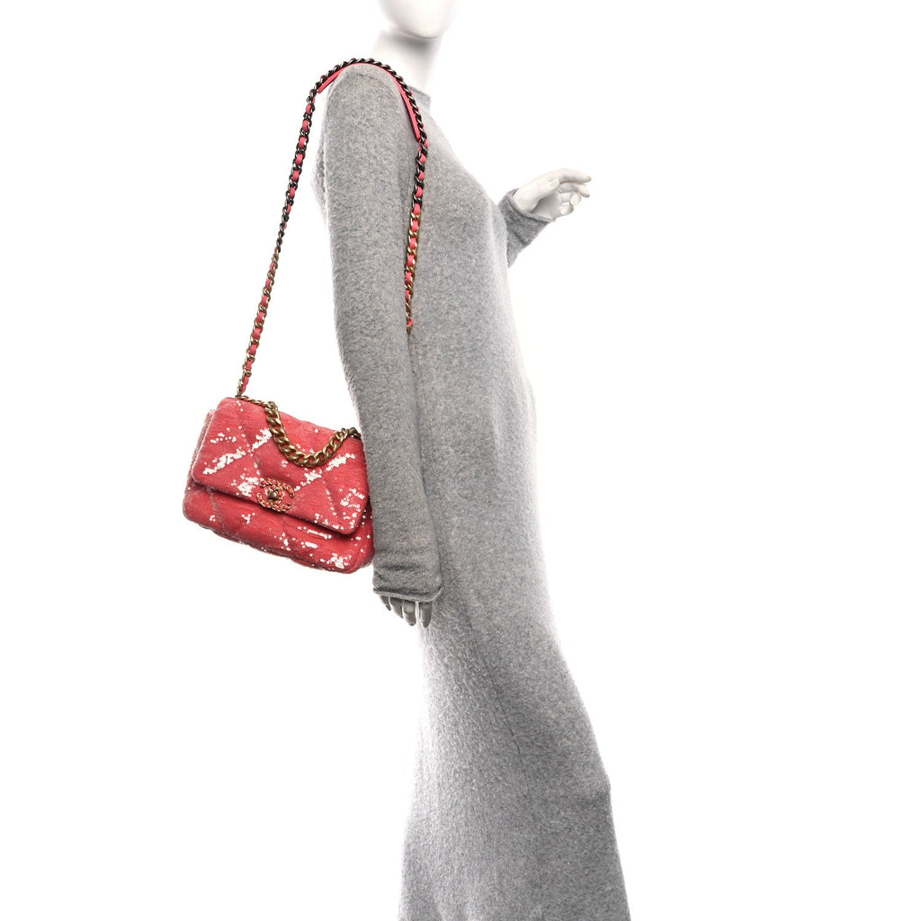 Sequin Quilted Medium Chanel 19 Flap Coral