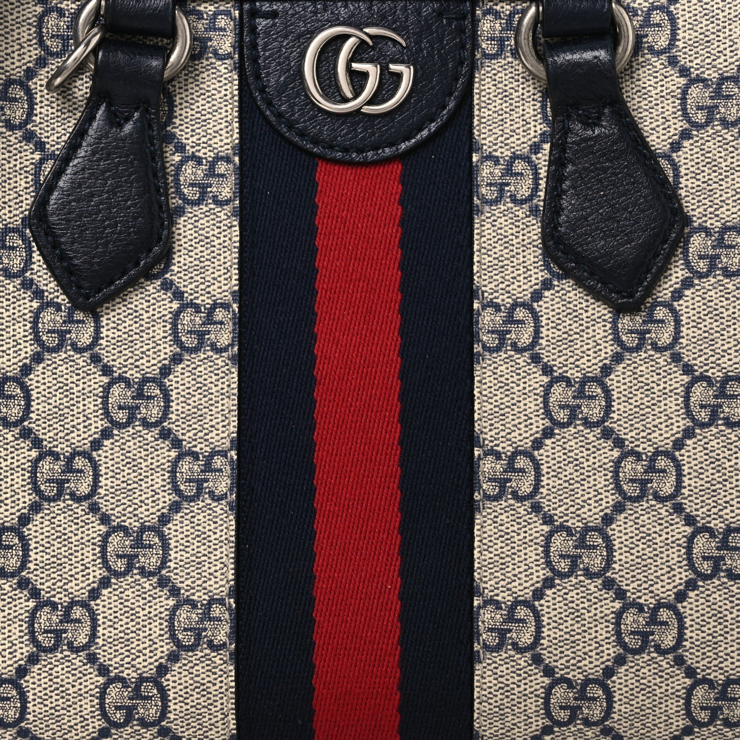 GG Supreme Monogram Textured Dollar Calfskin Web Small Ophidia Tote Bag Beige Blue