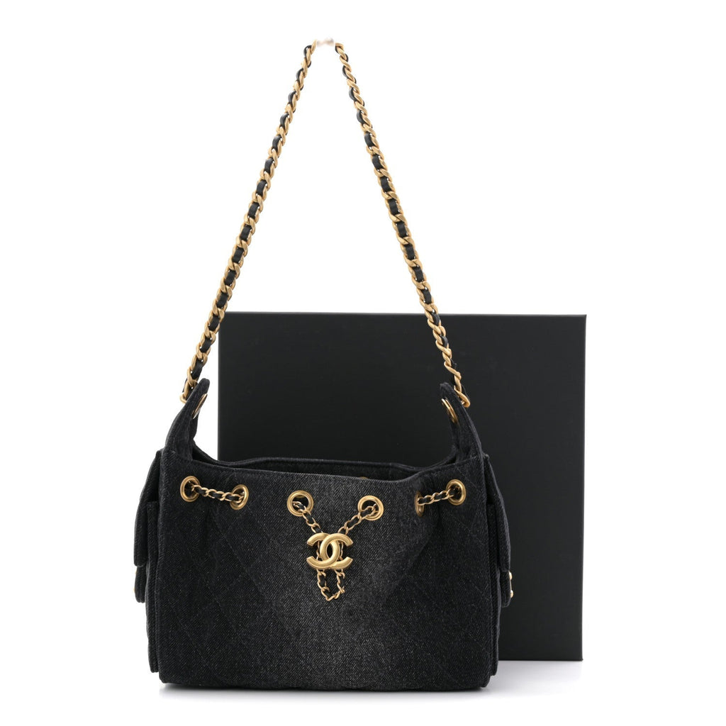 Washed Denim Quilted Mini Chanel 25 Handbag Black