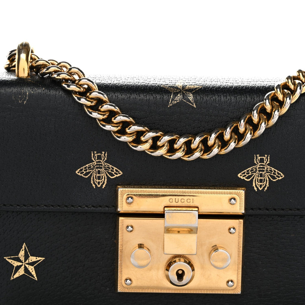 Grained Calfskin Bee Star Small Padlock Shoulder Bag Black