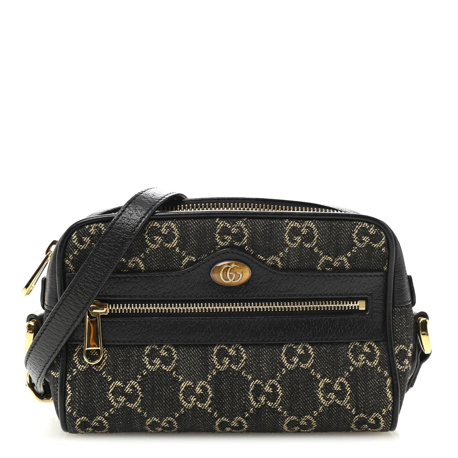 Jacquard Black Denim GG Monogram Textured Dollar Calfskin Mini Ophidia Shoulder Bag Black Ivory