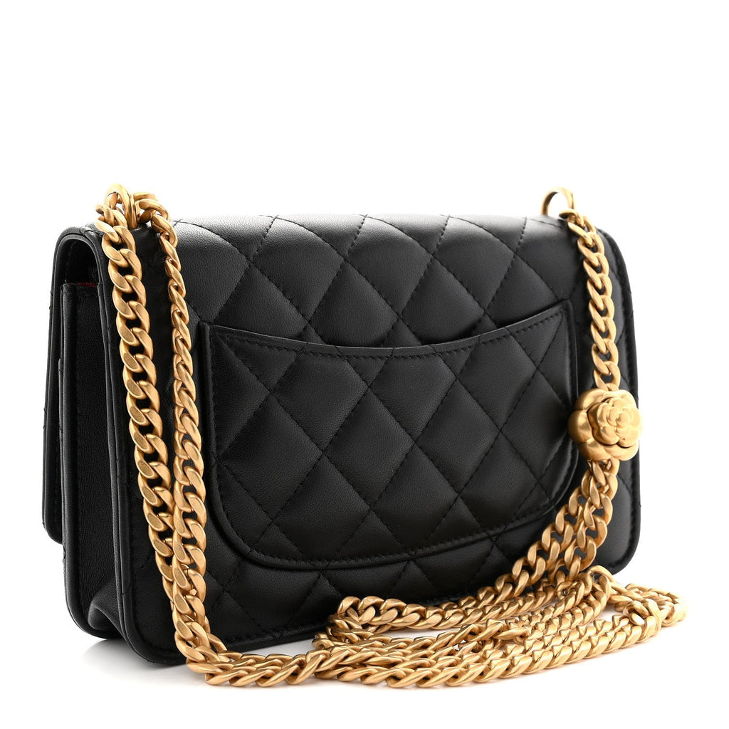 Lambskin Quilted Sweet Camellia Wallet On Chain WOC Black