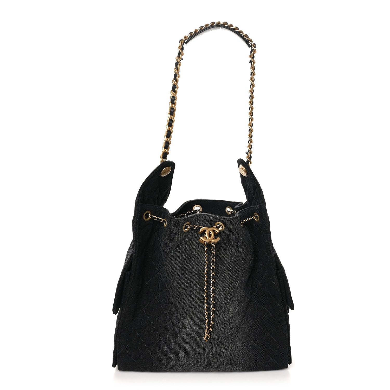 Washed Denim Quilted Medium Chanel 25 Handbag Black