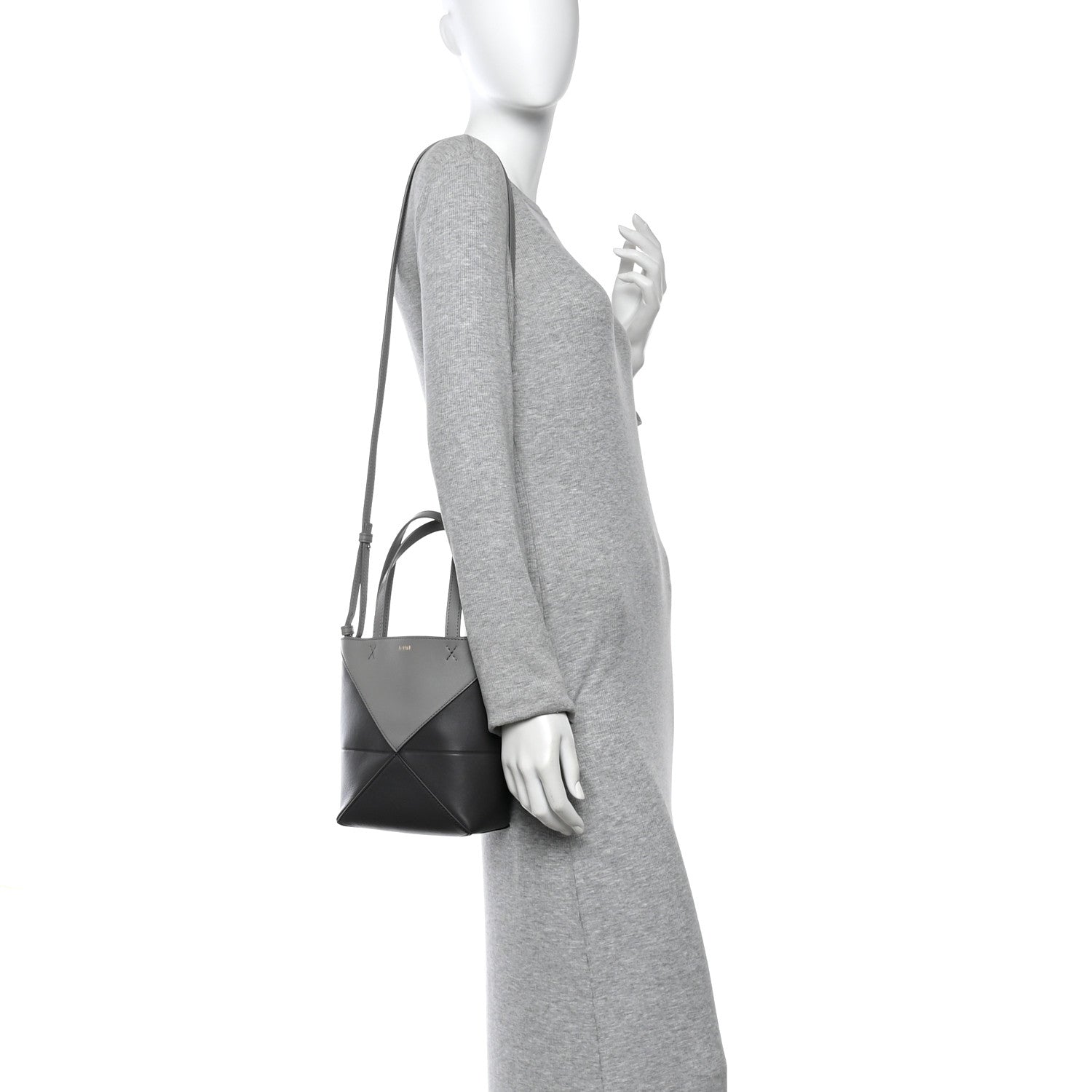 Shiny Calfskin Mini Puzzle Fold Tote Pearl Grey Dark Grey