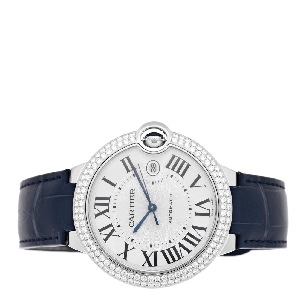 18K White Gold Alligator Diamond Pave Bezel 42mm Ballon Bleu De Cartier Automatic Watch