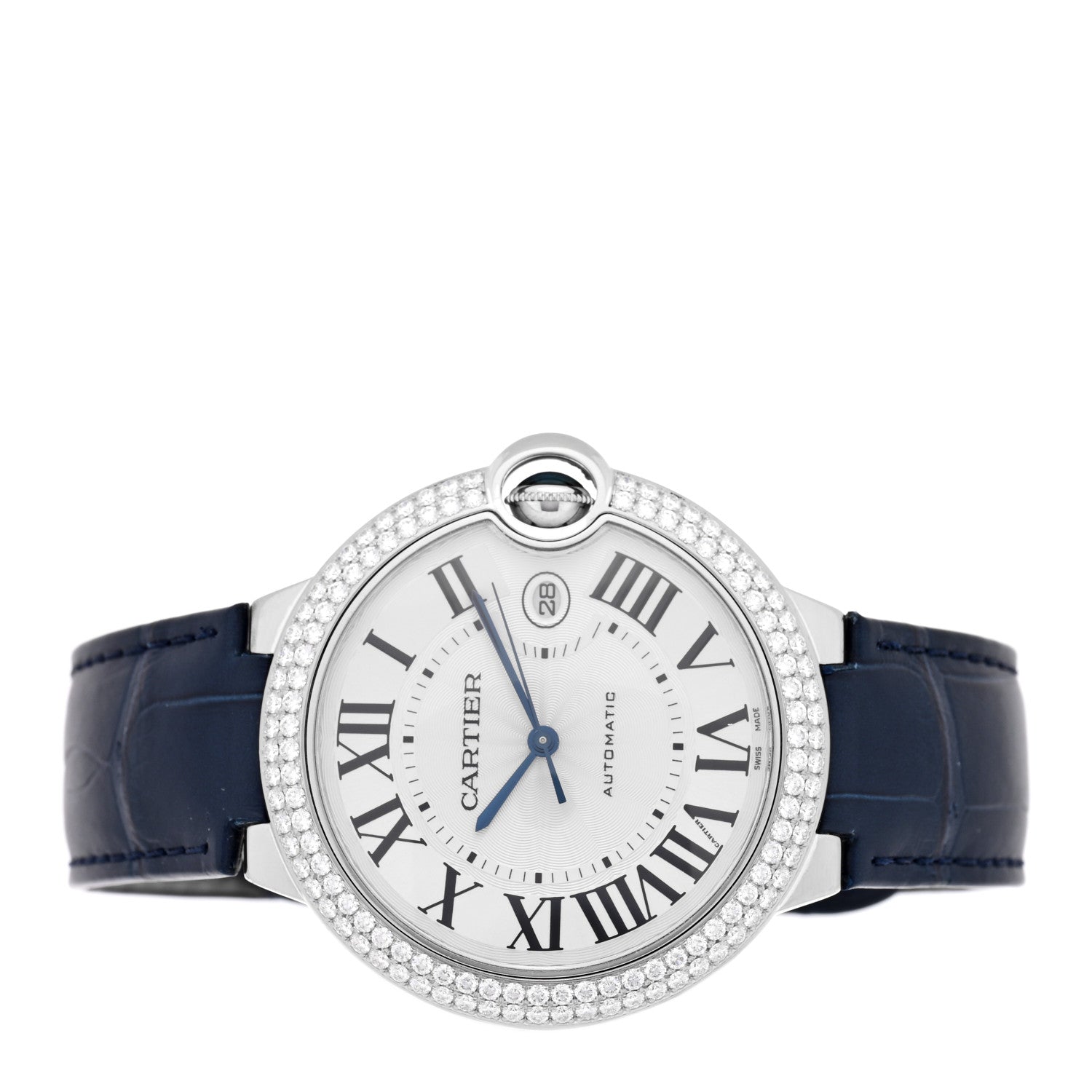 18K White Gold Alligator Diamond Pave Bezel 42mm Ballon Bleu De Cartier Automatic Watch
