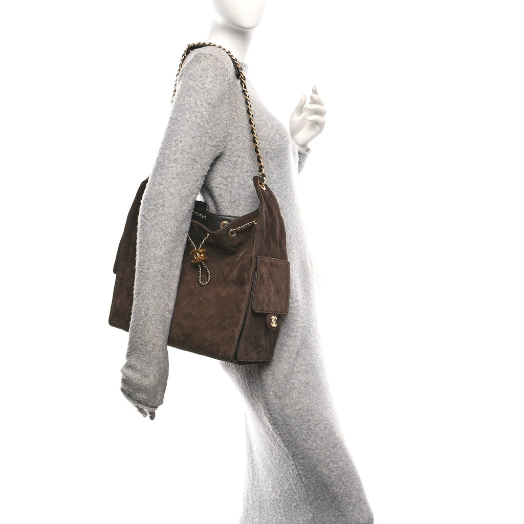 Suede Quilted Medium Chanel 25 Handbag Dark Brown