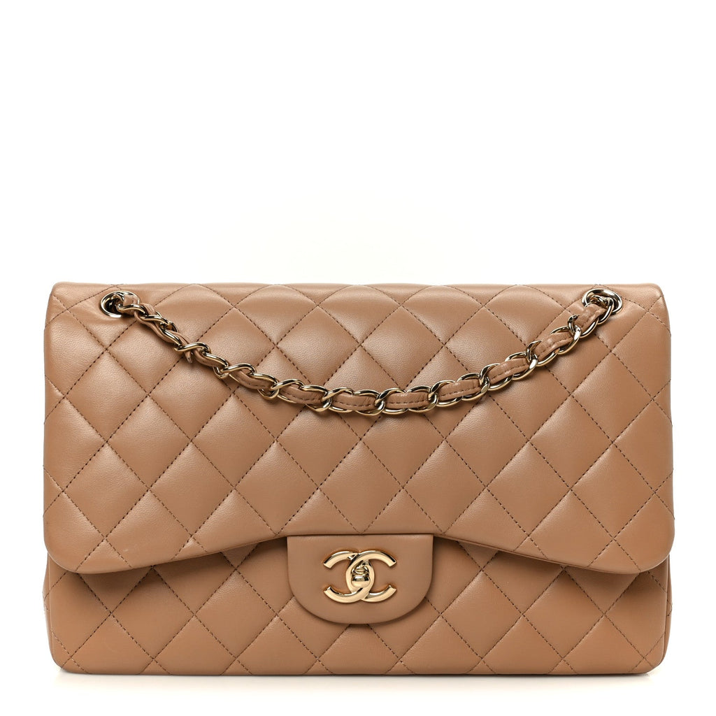 Lambskin Quilted Jumbo Double Flap Dark Beige