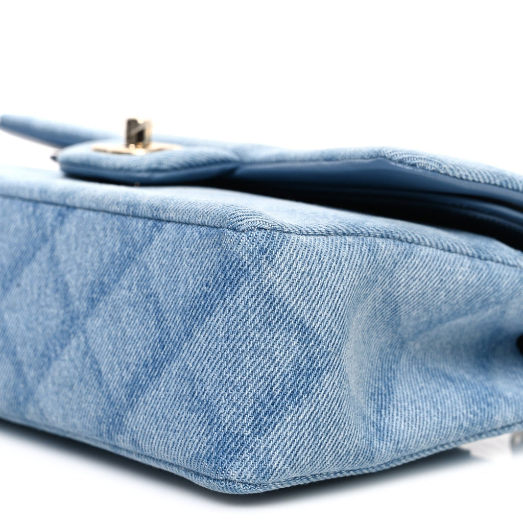 Printed Denim Quilted Small Double Flap Light Blue