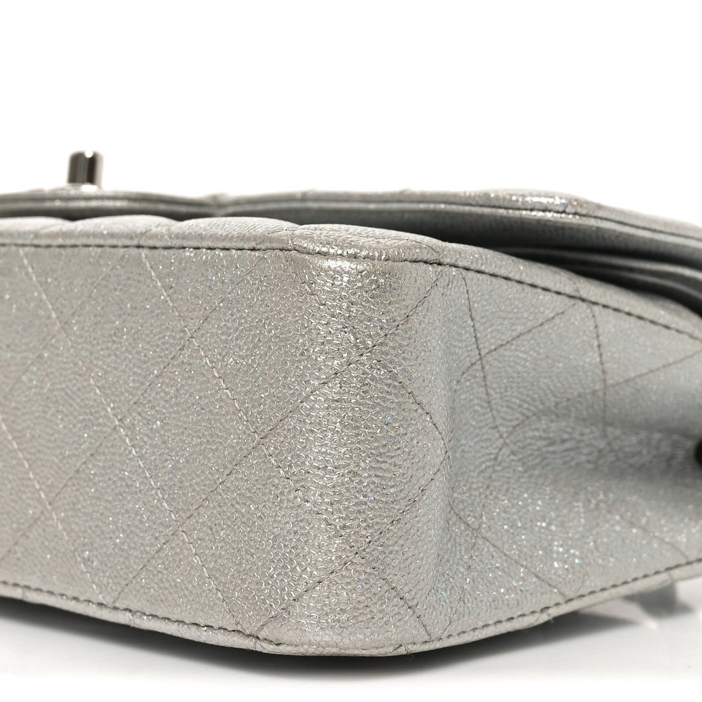 Glittered Metallic Caviar Quilted Medium Double Flap Silver