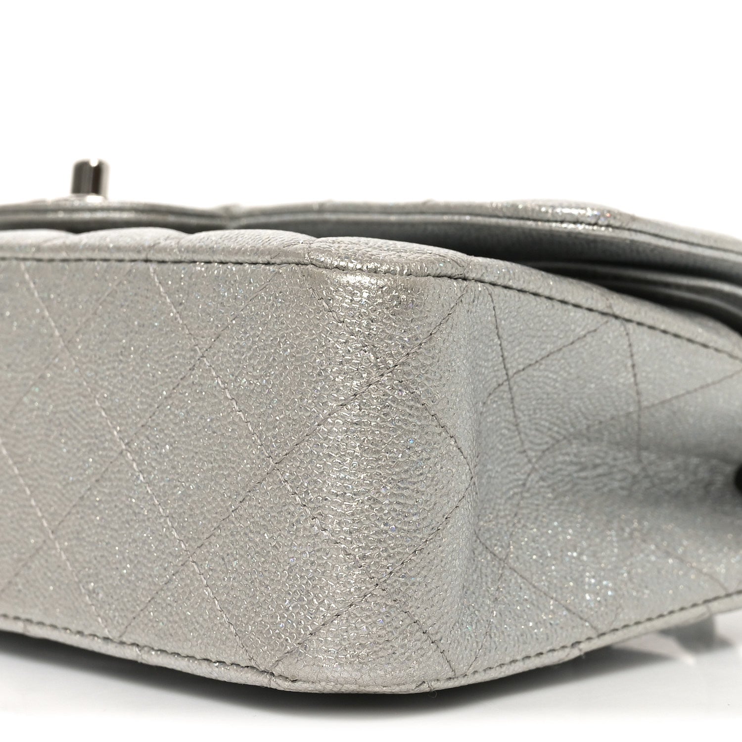 Glittered Metallic Caviar Quilted Medium Double Flap Silver