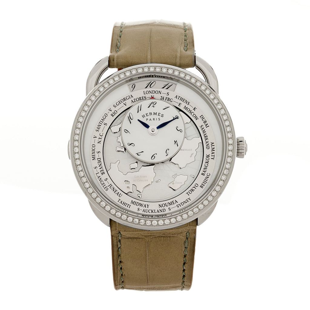 Stainless Steel Alligator Diamond Bezel Mother of Pearl 38mm Arceau Le Temps Voyageur Automatic Watch Gris Perle