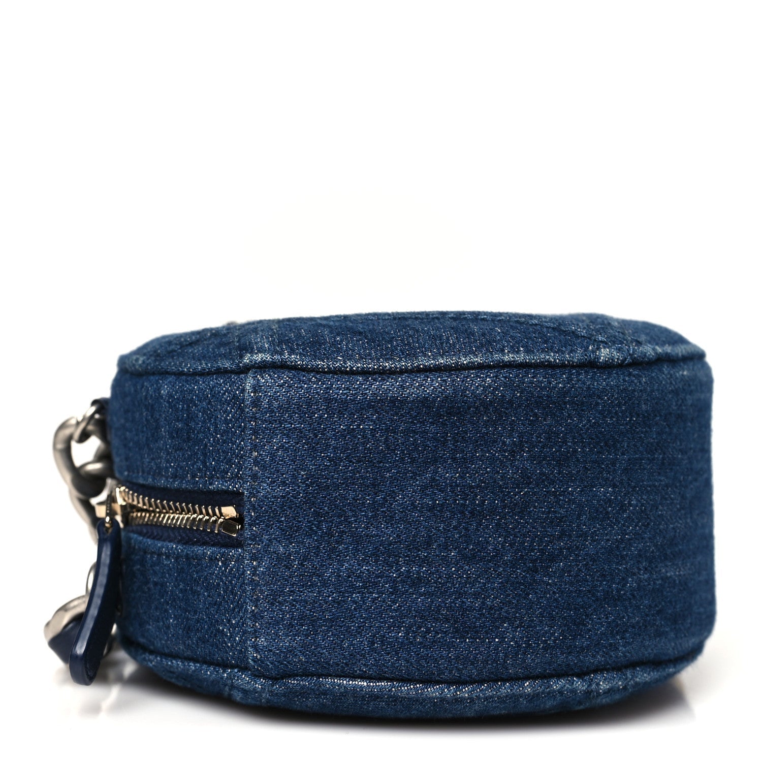 Denim Quilted Chanel 19 Round Clutch With Chain Blue