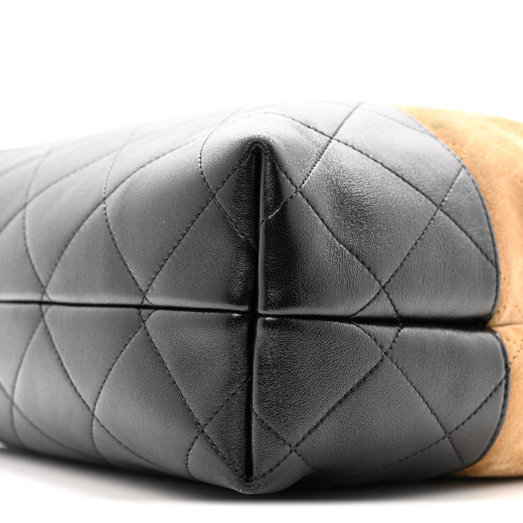 Suede Calfskin Shiny Lambskin Quilted Coco Base Shopping Bag Beige Black