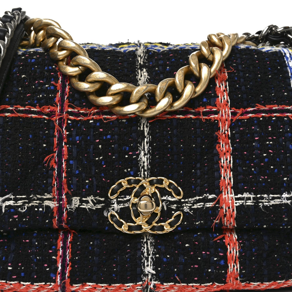 Tweed Quilted Large Chanel 19 Flap Black Orange Blue