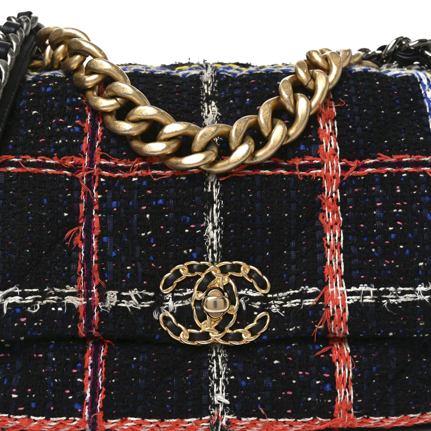 Tweed Quilted Large Chanel 19 Flap Black Orange Blue