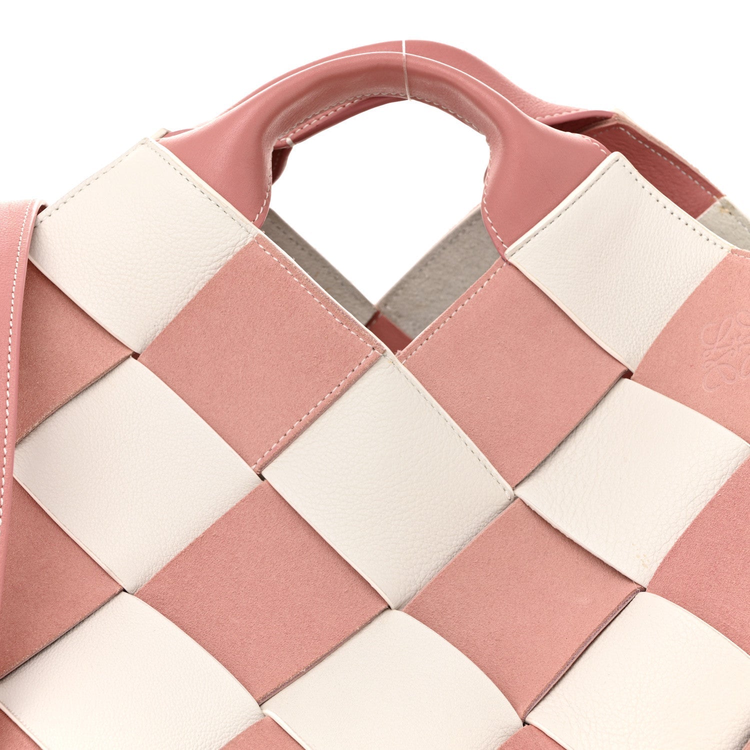Calfskin Suede Gingham Woven Basket Bag Soft Pink White