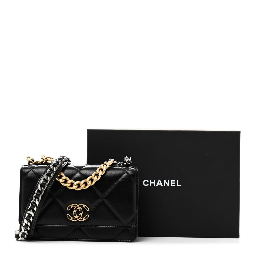 Lambskin Quilted Chanel 19 Wallet On Chain WOC Black