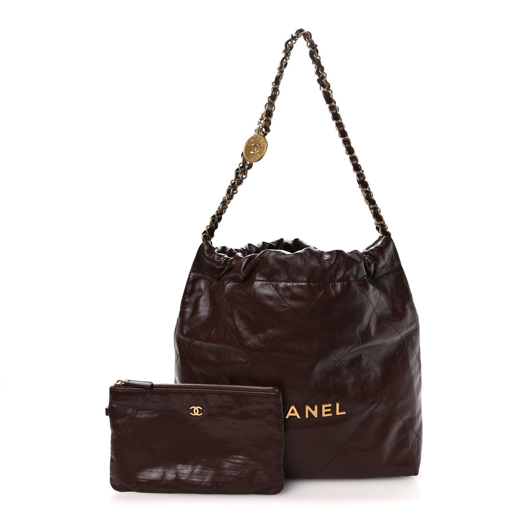 Shiny Calfskin Quilted Small Chanel 22 Dark Brown