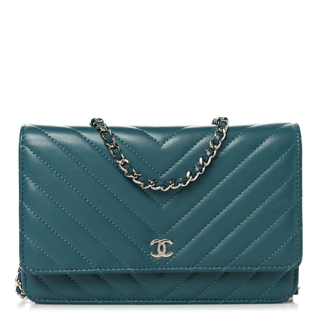 Lambskin Chevron Quilted Wallet On Chain WOC Turquoise